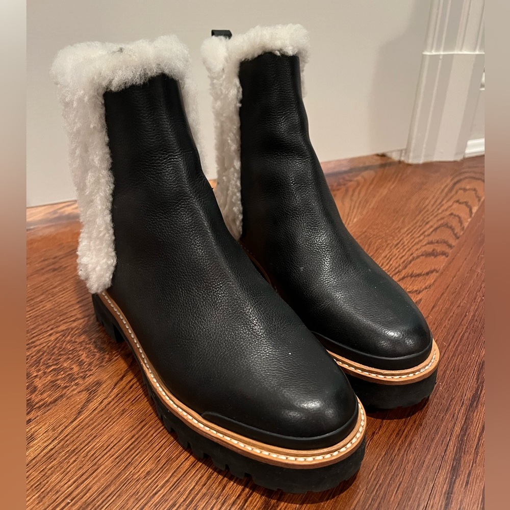 - Marc fisher black boots with white Sherpa lining